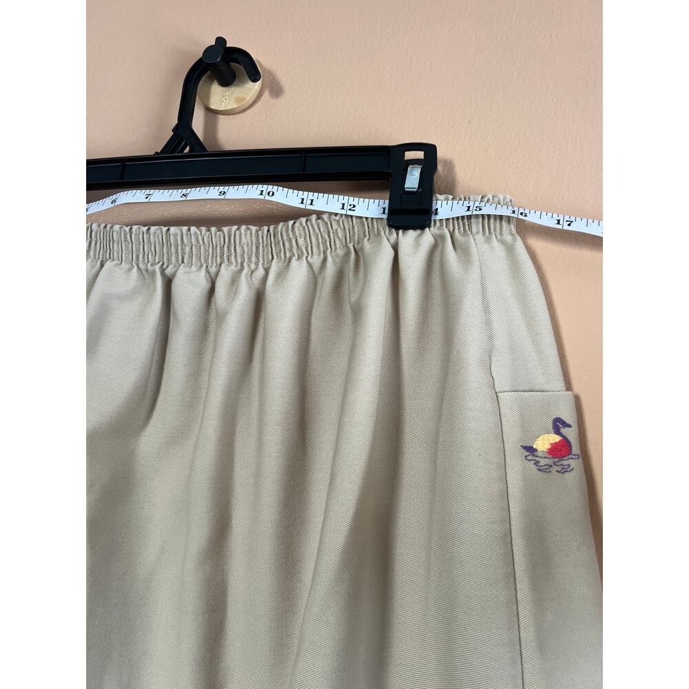 Vintage 80s Khaki Duck Embroidered Novelty Midi Skirt Elastic Waist 26-28" - Picture 2 of 6